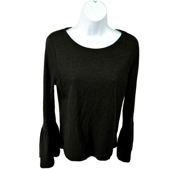 Anthropologie Porridge Small Black Top Shirt Ribbed Bell Sleeve Keyhole Back New - Picture 2 of 12